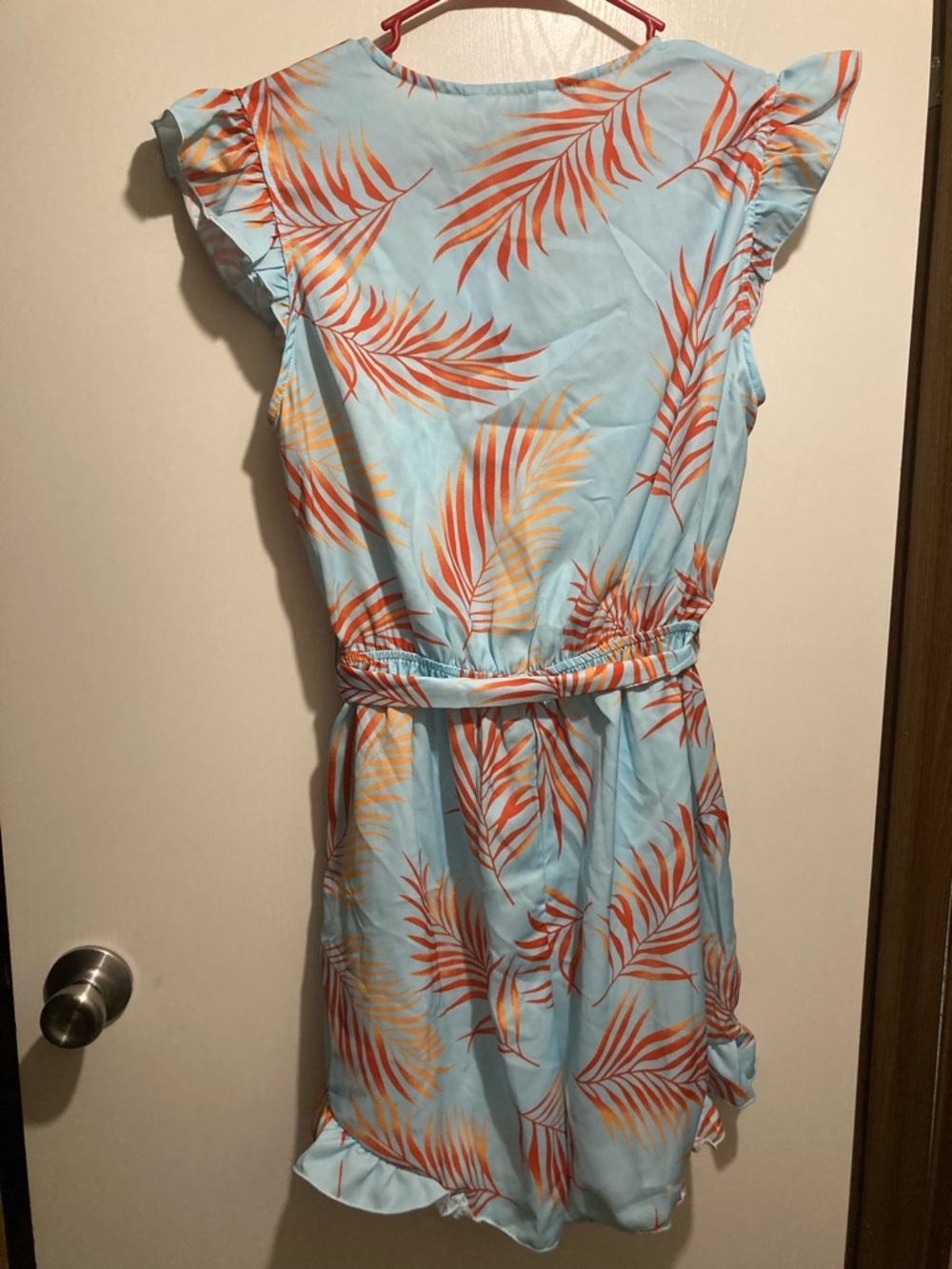 CUPSHE Light Blue Tropical Palm Wrap Romper with Orange Leaves - Picture 2 of 10